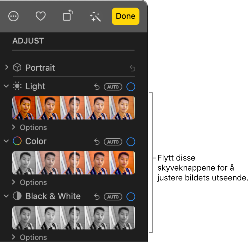 Lys-, Farge- og Svart-hvitt-skyveknappene i Juster-panelet. En Auto-knapp vises over hver skyveknapp.
