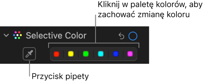 Narzędzia pod etykietą Kolor selektywny w panelu Korekta. Widoczny jest przycisk zakraplacza oraz pola koloru.