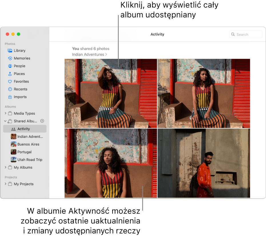 Okno aplikacji Zdjęcia z zaznaczoną etykietą Aktywność na pasku bocznym oraz albumem Aktywność wyświetlanym po prawej.