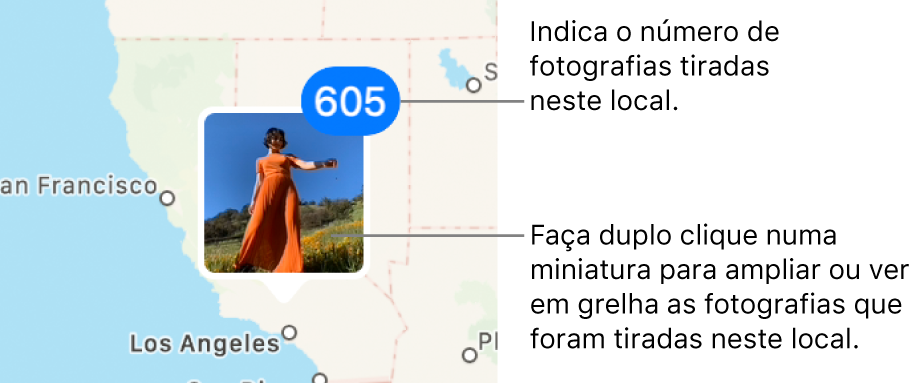 Uma miniatura de uma fotografia num mapa, com um número no canto superior direito a indicar o número de fotografias tiradas naquele local.