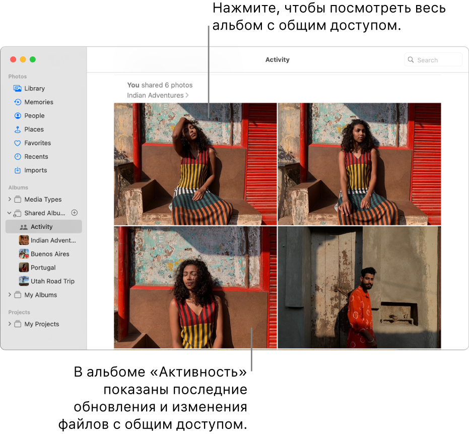 Окно приложения «Фото»: в боковом меню выбран раздел «Активность», справа отображается альбом «Активность».
