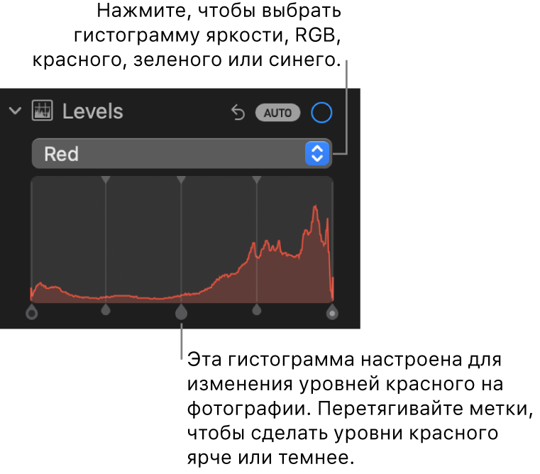Элементы управления уровнями в панели «Корректировка». Показана гистограмма красного цвета с маркерами внизу для регулировки уровней красного цвета на фотографии.