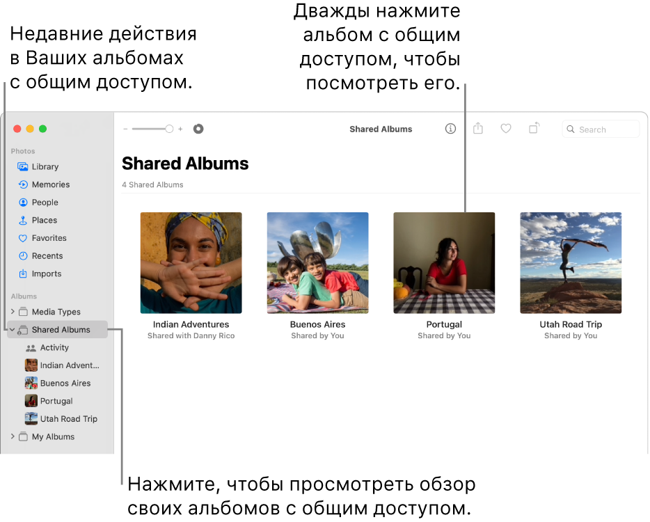 Окно приложения «Фото»: в боковом меню выбран раздел «Общие альбомы», справа отображаются общие альбомы.
