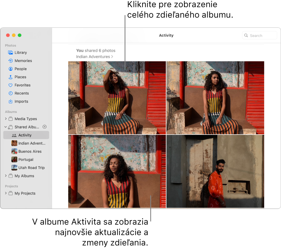 Okno apky Fotky s možnosťou Aktivita vybranou na postrannom paneli a albumom Aktivita zobrazeným napravo.
