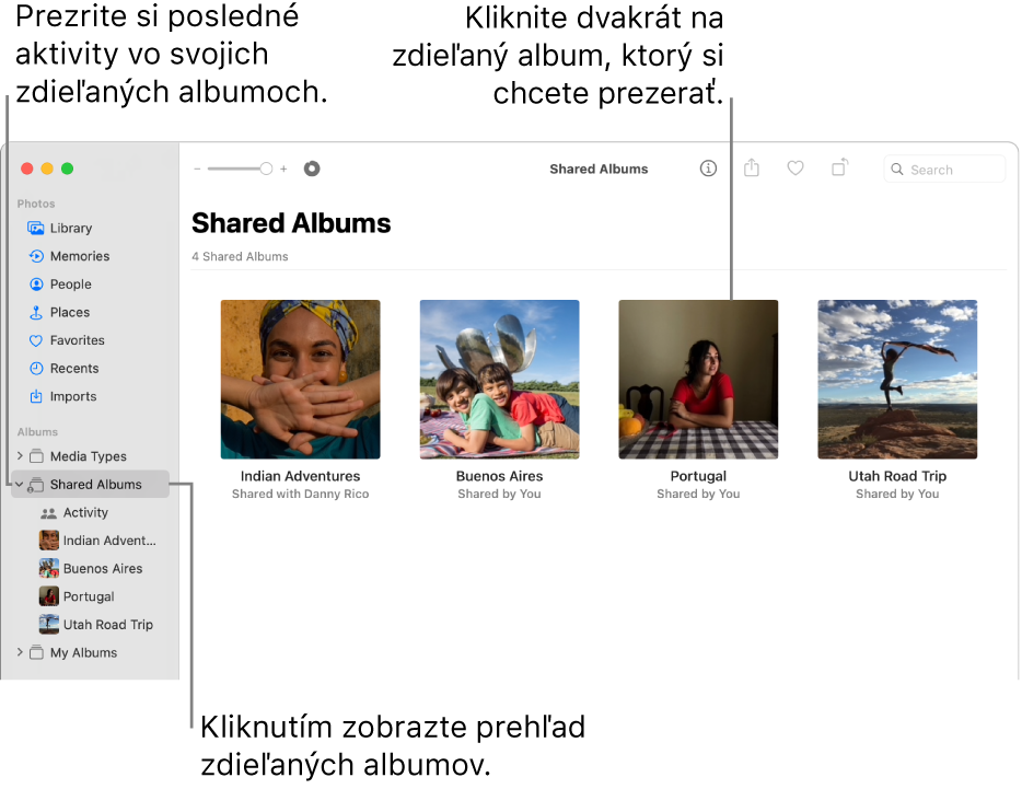 Okno apky Fotky zobrazujúce Zdieľané albumy vybrané v postrannom paneli a zdieľané albumy na pravej strane.
