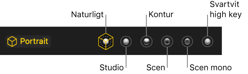 Ljuseffektsalternativen för porträttläget som omfattar (från vänster till höge) Naturlig, Studio, Kontur, Scen, Scen mono och Svartvit high key.