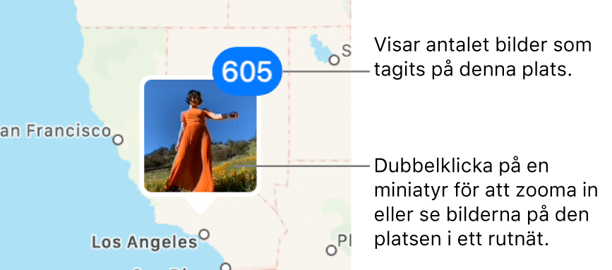 En bildminiatyr på en karta med ett nummer i det övre högra hörnet som representerar antalet bilder som har tagits på den platsen.