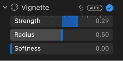 Vinjettreglagen på panelen Justera med reglage för styrka, radie och mjukhet.