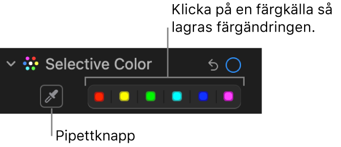 Reglaget för selektiv färg på panelen Justera med pipettknappen och färgkällor.