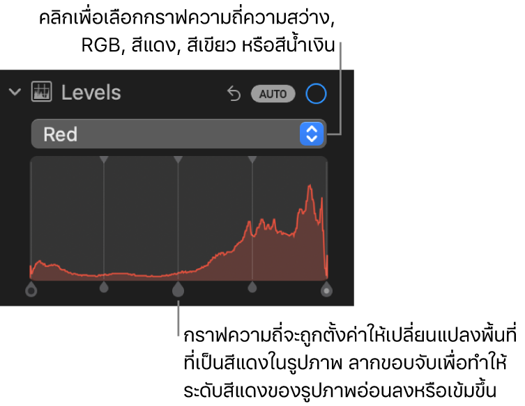 ตัวควบคุมระดับในบานหน้าต่างการปรับที่แสดงฮิสโตแกรมสีแดงพร้อมขอบจับด้านล่าง สำหรับปรับระดับสีแดงของรูปภาพ