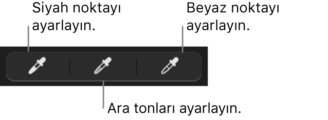 Fotoğrafın siyah noktasını, ara tonlarını veya beyaz noktasını ayarlamak için üç damlalık kullanılır.