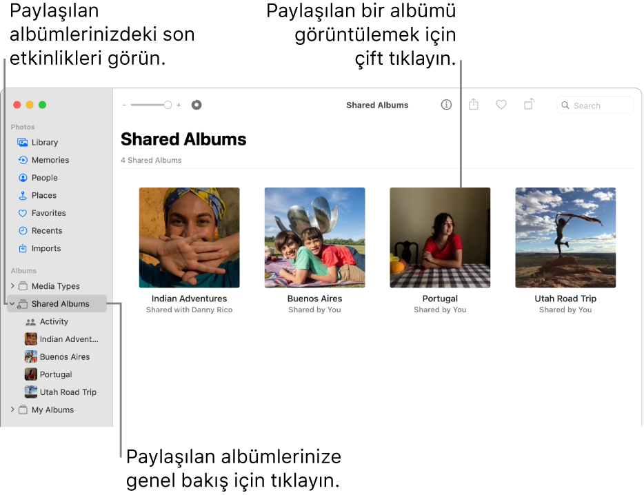 Kenar çubuğunda Paylaşılan Albümler seçili ve sağda paylaşılan albümler görünen Fotoğraflar penceresi.