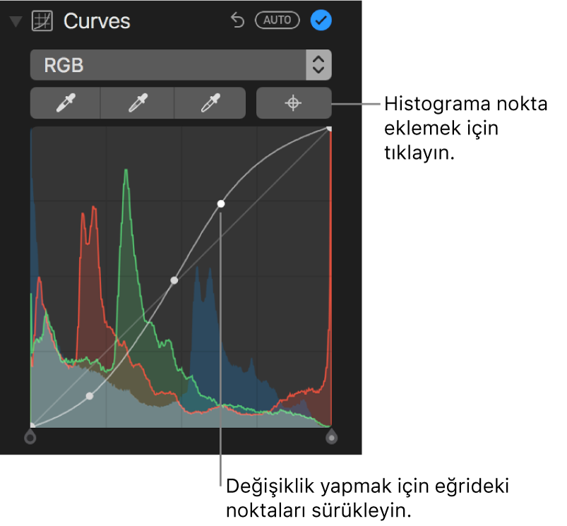 Sağ üstte Noktalar Ekle düğmesini ve altta RGB histogramını gösteren Ayarla bölümündeki Eğriler denetimleri.