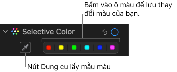 Các điều khiển Màu có lựa chọn trong khung Điều chỉnh, đang hiển thị nút Dụng cụ lấy mẫu màu và ô màu.
