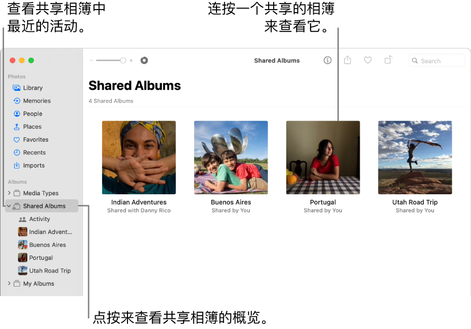 “照片”窗口，显示在边栏中选择了“共享相簿”，右侧显示了共享相簿。