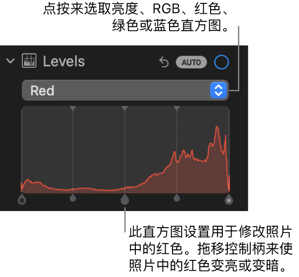 “调整”面板中的“色阶”控制，显示“红色”直方图及下方的控制柄，用于调整照片的红色色阶。