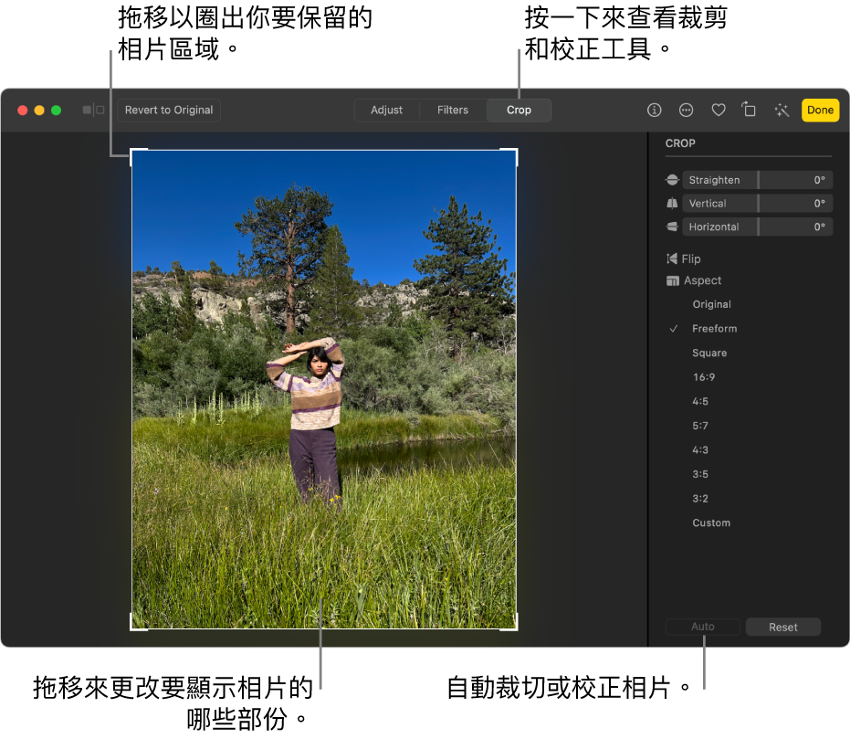 編輯畫面中的相片，工具列中已選取「裁切」，相片周圍顯示選取矩形，相片右側顯示拉直滑桿、顯示比例選項，以及「自動」和「重設」按鈕。