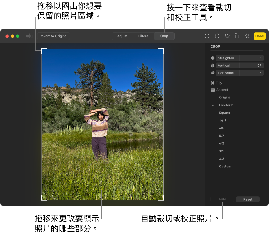 編輯畫面中的照片，已選取工具列中的「裁切」，照片周圍顯示選取矩形，以及校正滑桿、顯示比例選項，而右側為「自動」和「重置」按鈕。