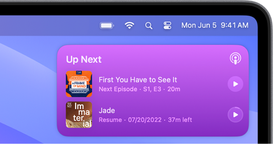 The top-right corner of the Mac desktop showing a widget with two upcoming episodes.