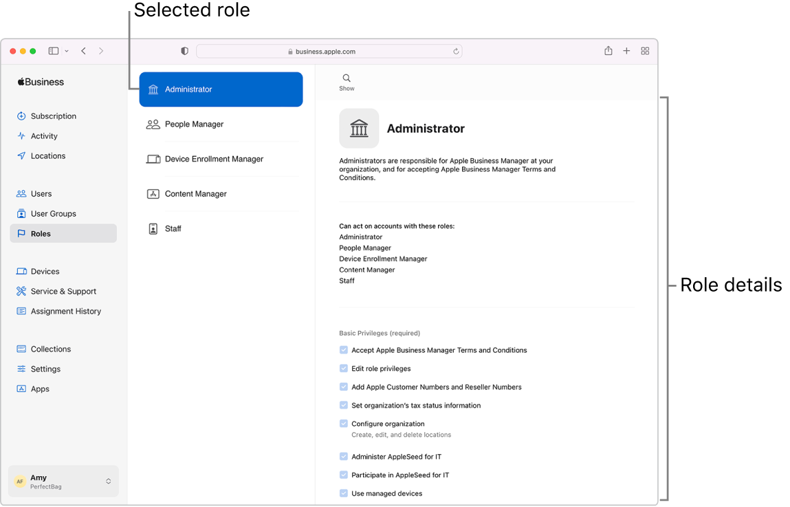 The Roles window in Apple Business Essentials. A selected role opens to a description of that role’s privileges for the user that’s signed in.