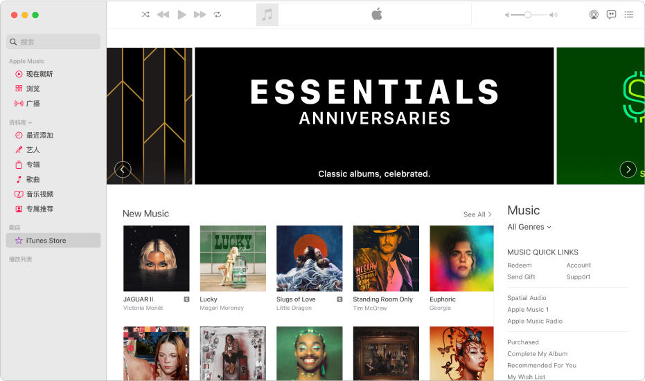 iTunes Store 主窗口：iTunes Store 在边栏中高亮标记。