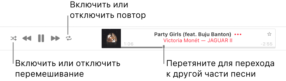 Верхняя часть окна Apple Music, в котором воспроизводится песня. Элементы управления воспроизведением находятся левее. Кнопка перемешивания расположена левее элементов управления воспроизведением, а кнопка повтора — правее. Перетяните указатель воспроизведения, чтобы перейти к нужной части песни.