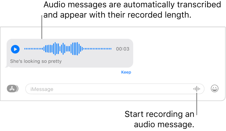 A Messages conversation, showing the Record Audio button next to the text field at the bottom of the window. An audio message with its transcription and recorded length appears in the conversation.