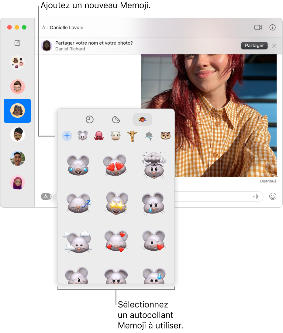 La fenêtre Messages avec plusieurs conversations dans la barre latérale de gauche, ainsi qu’une transcription sur la droite. Lorsque vous choisissez des autocollants Memoji à partir du bouton Apps, vous pouvez choisir d’utiliser un autocollant Memoji ou en créer un nouveau.