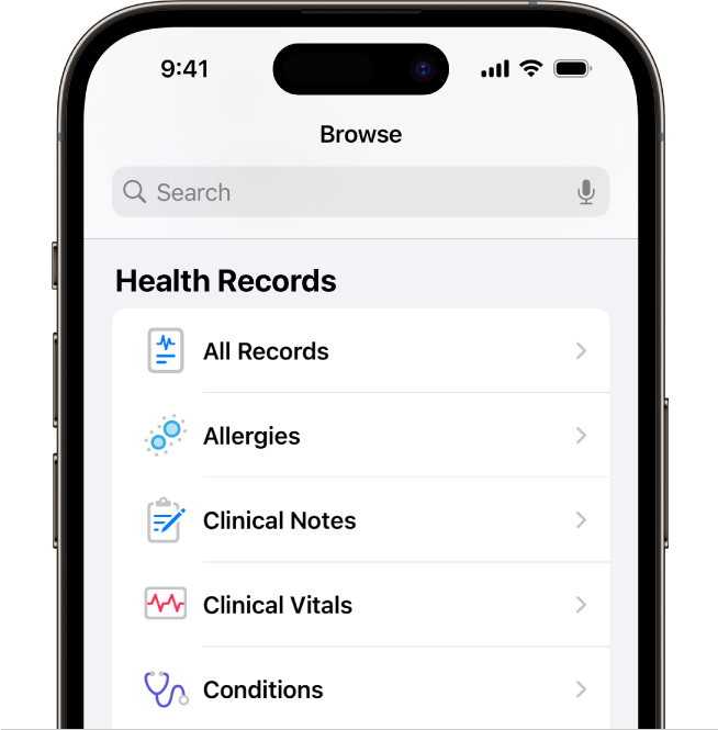 A screenshot of Health Records in the Health app on iPhone. The screen lists categories that include All Records, Allergies, and Clinical Notes.