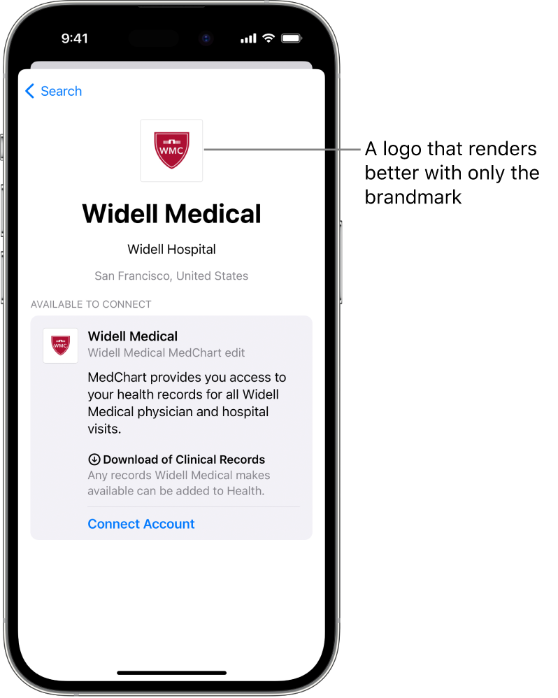 A screen in the Health app where a horizontal logo, consisting of a brandmark and wordmark, has been replaced by only the brandmark.