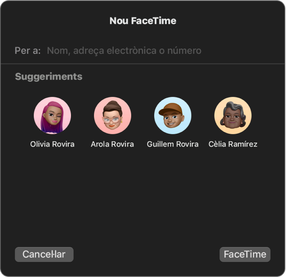 Finestra “Nou FaceTime”: introdueix les persones que truquen directament al camp “Per a” selecciona-les a Suggerits.