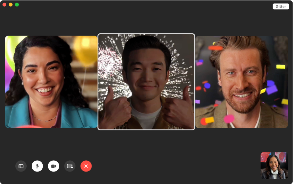 Ein FaceTime-Fenster zeigt drei Personen mit animierten Hintergründen. Die Person in der Mitte macht die Daumen-hoch-Geste mit beiden Händen.