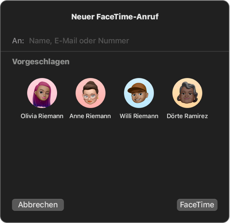 Das Fenster „Neuer FaceTime-Anruf“ – gib Anrufer direkt in das Feld „An“ ein oder wähle sie in „Vorgeschlagen“ aus.