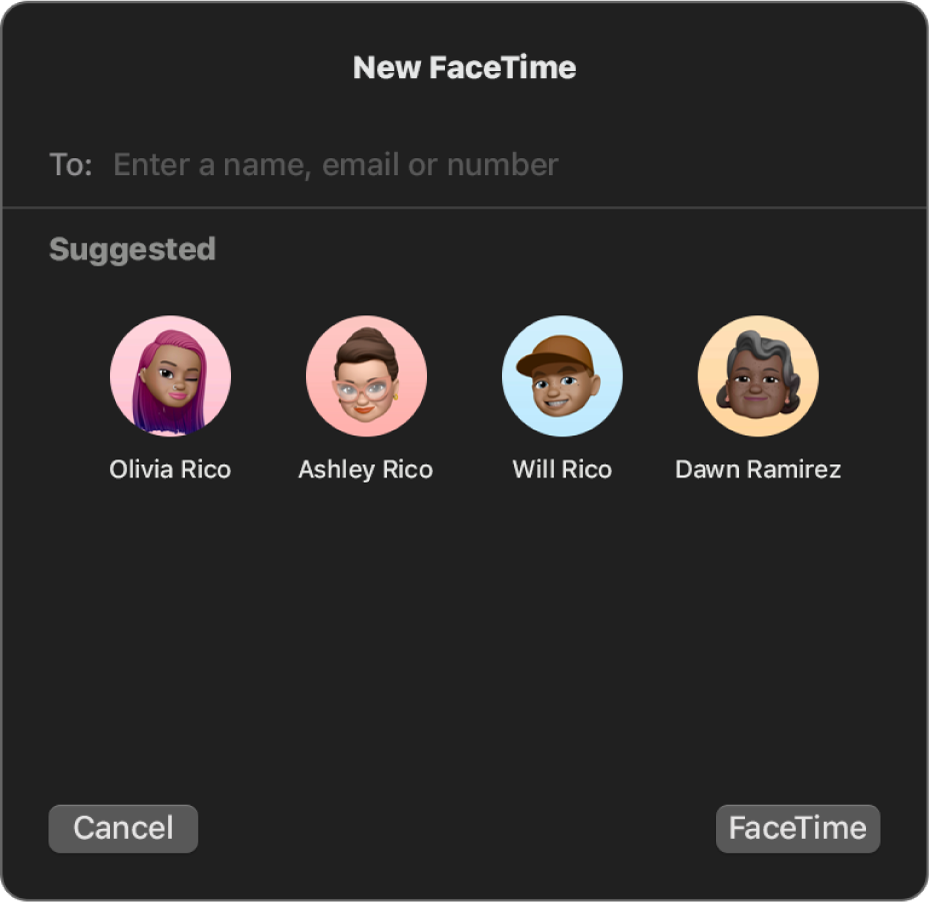 The New FaceTime window — enter callers directly into the To field or choose them from Suggested.