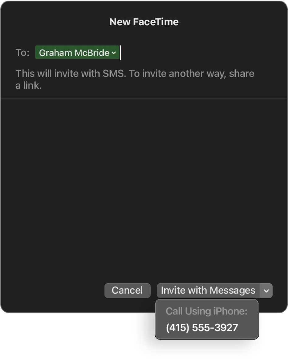 The New FaceTime window with a person’s name in the To field. The pop-up window at the bottom says to invite with Messages (send an SMS) or call using iPhone.