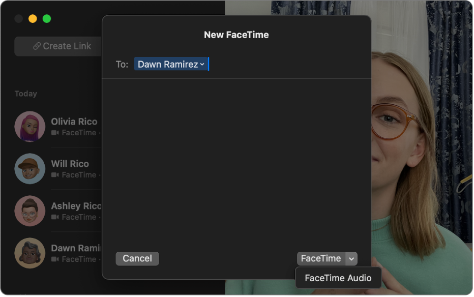 A New FaceTime call window, showing the option to start a FaceTime video call or a FaceTime audio call.