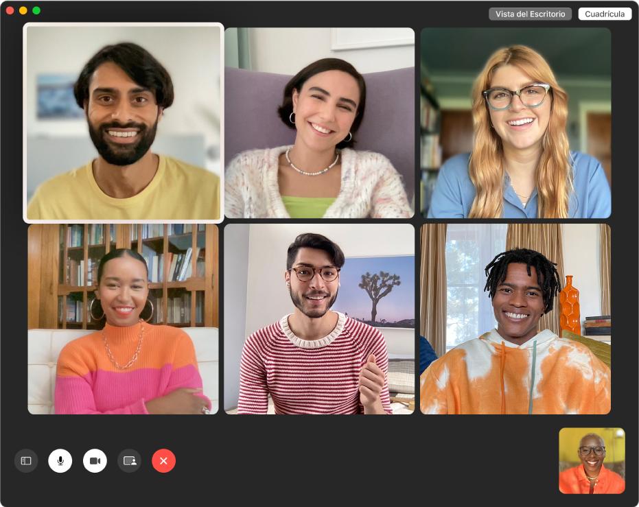 La ventana de FaceTime mostrando una llamada grupal con personas en una cuadrícula.