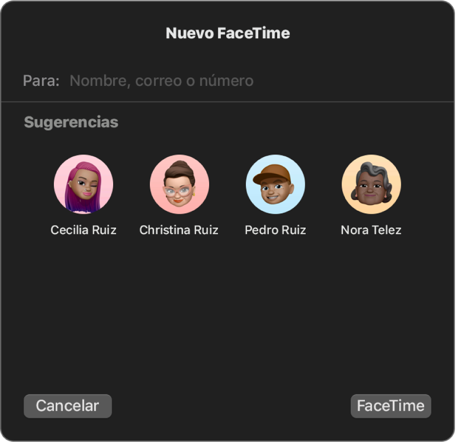 La ventana de “Nuevo FaceTime”: introduce las personas que van a participar en la llamada directamente en el campo A o selecciónalas en las sugerencias.
