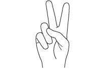 Oikea käsi muodostaa V-kuvion kahdella sormella.