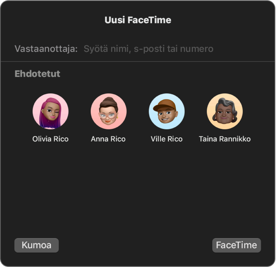 Uusi FaceTime-ikkuna – syötä osallistujat suoraan Vastaanottaja-kenttään tai valitse Ehdotetut-osiosta.