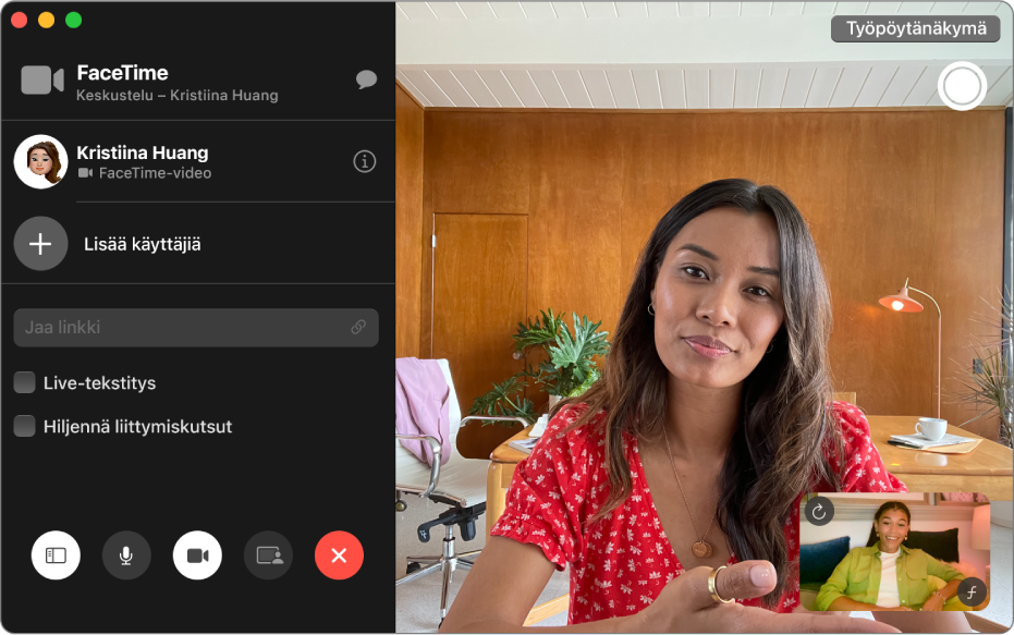 FaceTime-videopuhelu on meneillään, ja nykyinen osallistuja näytetään oikealla. Sivupalkissa näkyy osallistujan nimi ja Lisää käyttäjiä ‑valinta.