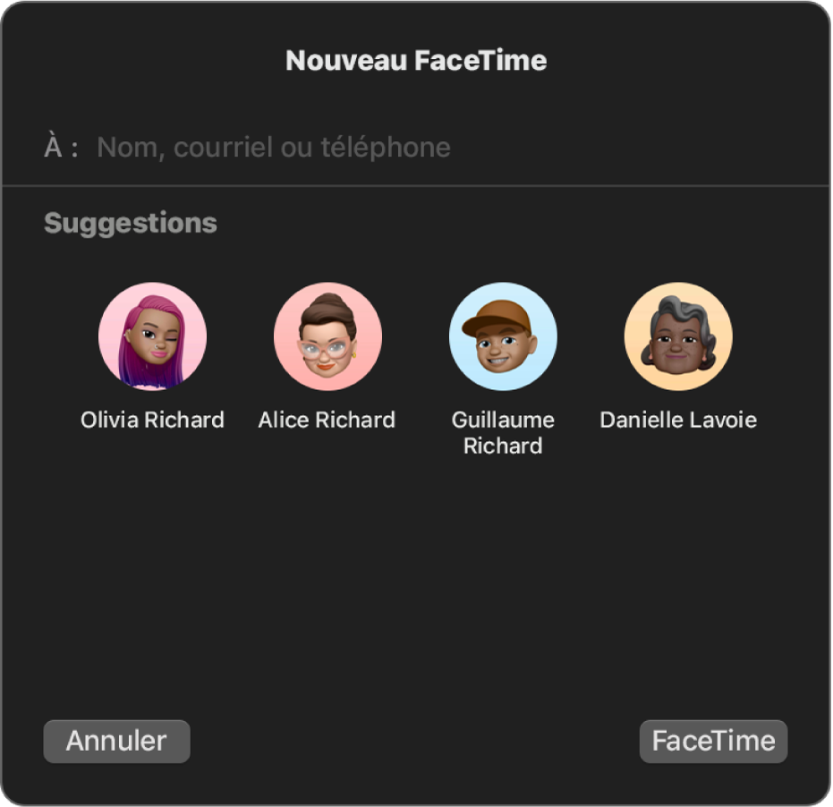La fenêtre Nouveau FaceTime : saisissez les appelants directement dans le champ À ou choisissez-les dans la liste Suggestions.