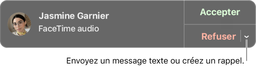 Cliquez sur la flèche à côté de Refuser dans la notification pour envoyer un message texte ou créer un rappel.