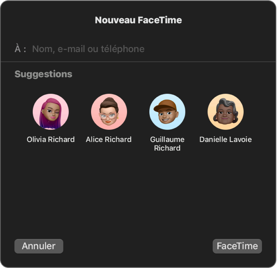 La nouvelle fenêtre FaceTime ; saisissez les appelants directement dans le champ À ou choisissez-les dans Suggestions.