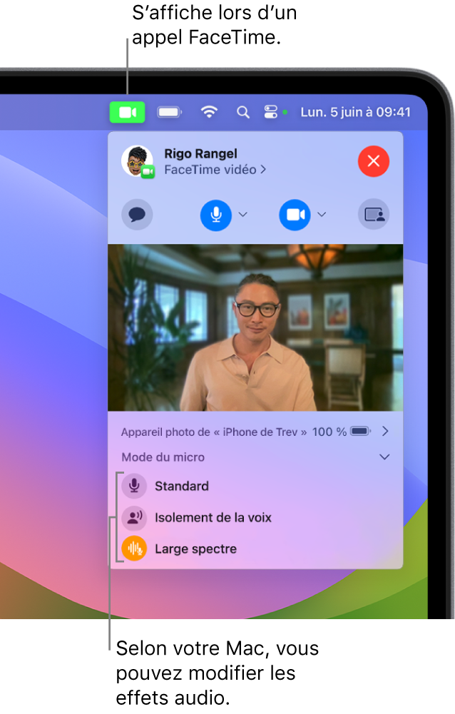 Le centre de contrôle en haut à droite de l’écran du Mac, avec le bouton Vidéo (qui s’affiche lorsque vous participez à un appel FaceTime) ainsi que les options « Mode du micro » (qui modifient les effets audio, selon le modèle de votre Mac).