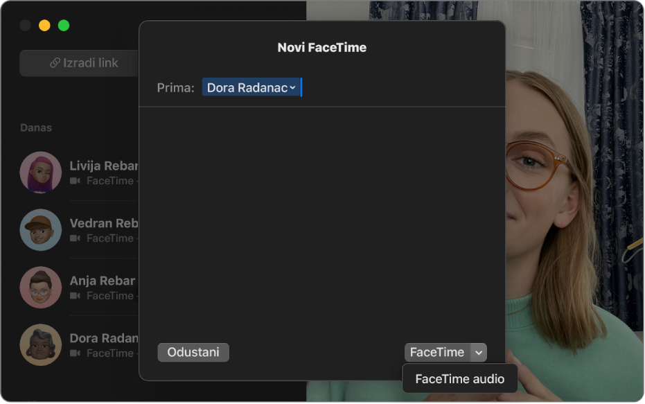 Prozor novog FaceTime poziva s prikazom opcije za pokretanje FaceTime video poziva ili FaceTime audio poziva.