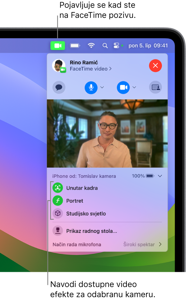 Kontrolni centar u gornjem desnom kutu zaslona računala Mac s prikazom tipke Video (koja se pojavljuje na podržanim računalima Mac) i tri dostupna video efekta.
