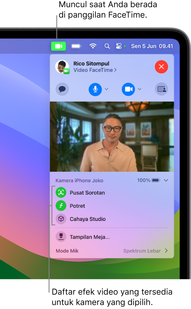 Pusat Kontrol di pojok kanan atas layar Mac, menampilkan tombol Video (yang muncul di Mac yang didukung), dan tiga efek video yang tersedia.