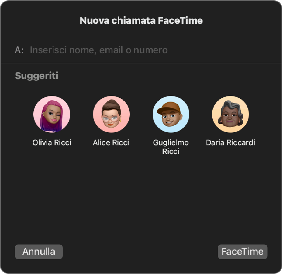 La finestra “Nuova chiamata FaceTime”: inserisci i chiamanti direttamente nel campo A o scegli tra le persone suggerite.