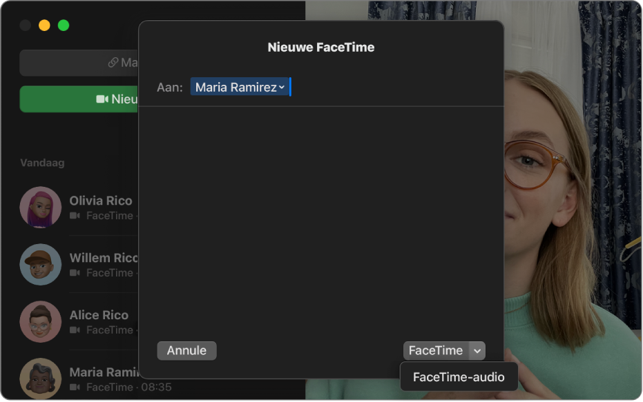 Een nieuw FaceTime-gespreksvenster met de optie voor het starten van een FaceTime-videogesprek of FaceTime-audiogesprek.